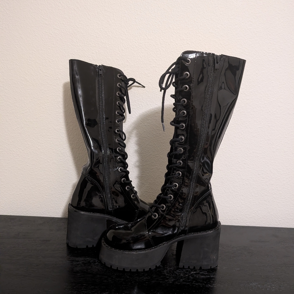Unif Trinity Platform Black Patent Leather Lace-Up Combat Mid Calf Boot size 8 - Picture 4 of 7